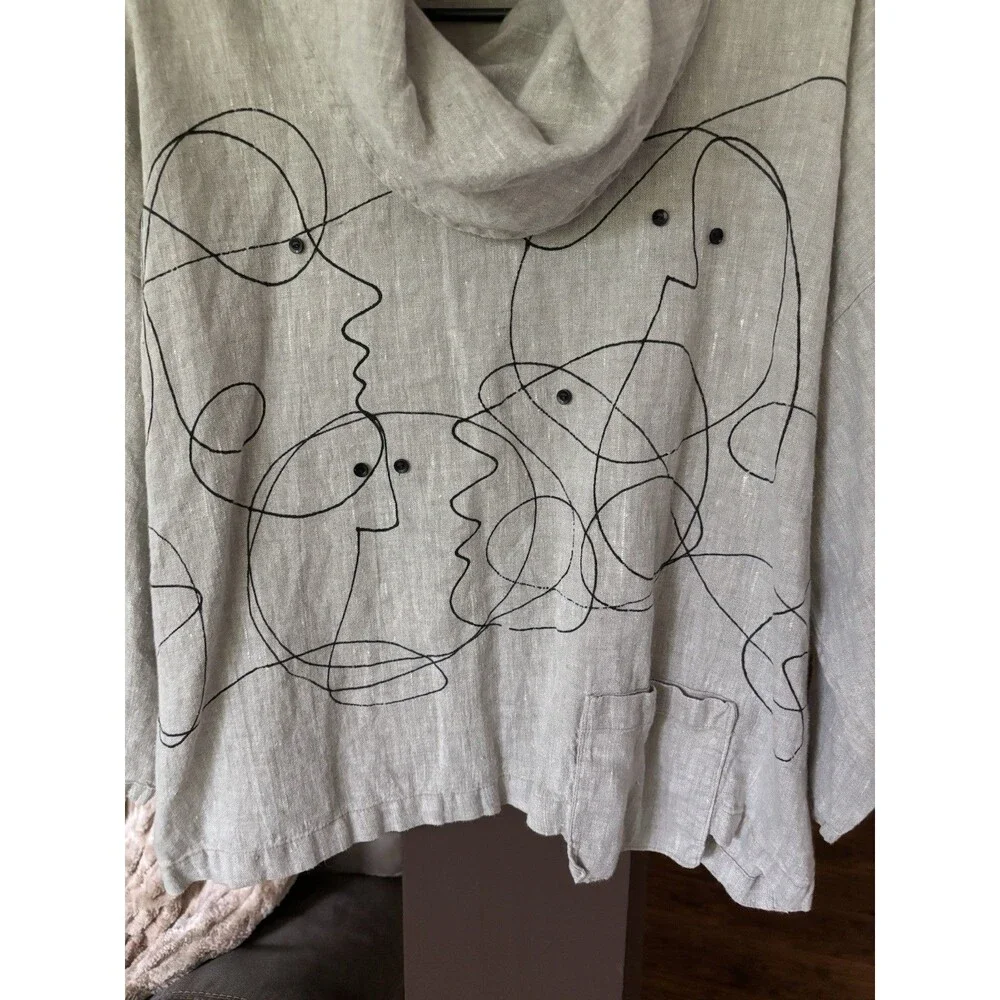 Odile 100% Linen Cowel Neck Shirt Women M Tan Artistic Hand Painted